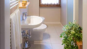 Shower, hair dryer, bidet, towels