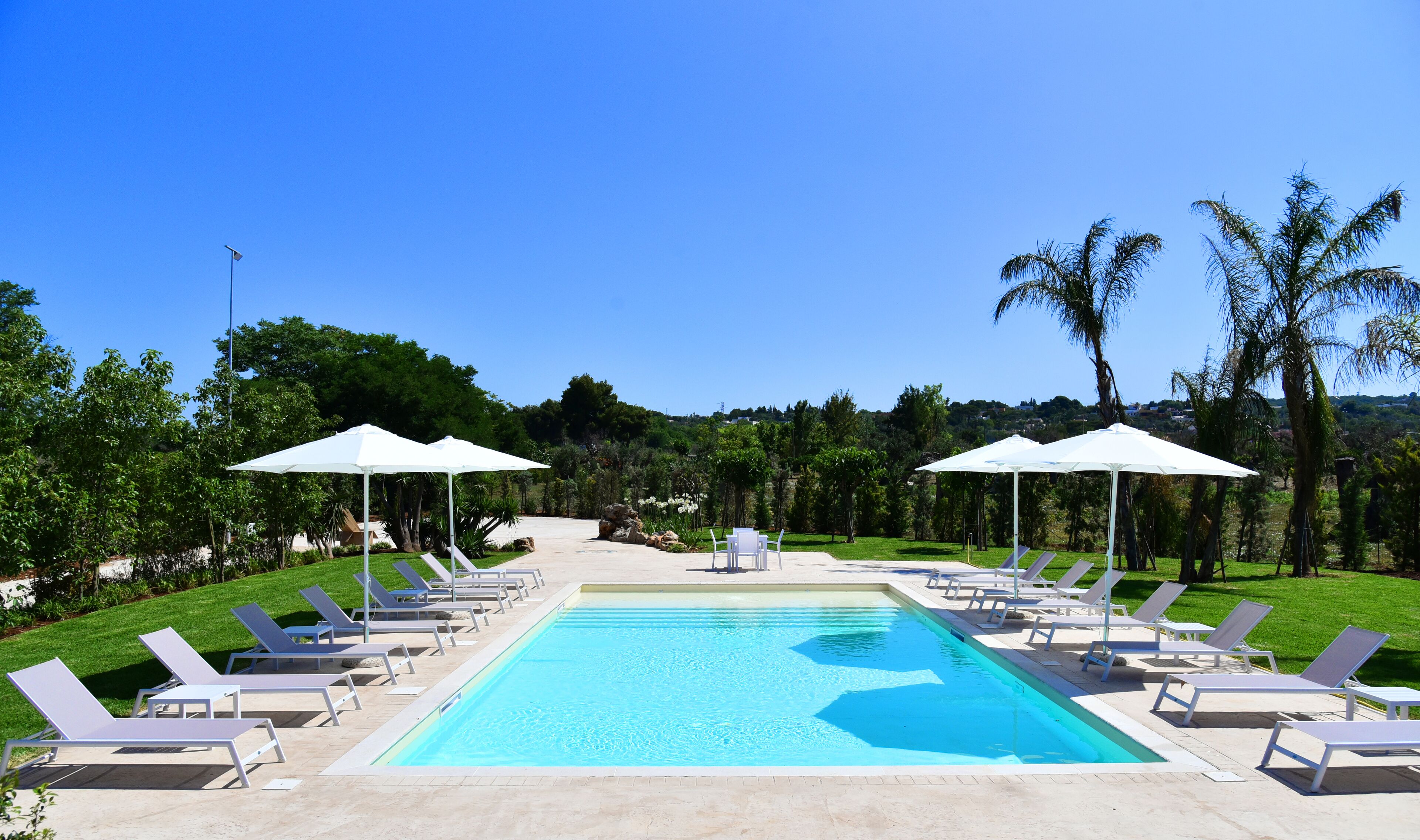 Una piscina con lettini bianchi e ombrelloni, circondata da vegetazione e palme.