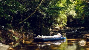 Una persona flota sobre una balsa inflable en un río rodeado de vegetación.
