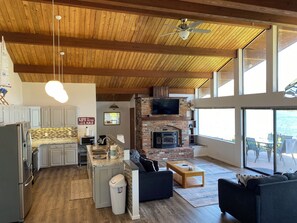 Smart TV, fireplace, DVD player, books