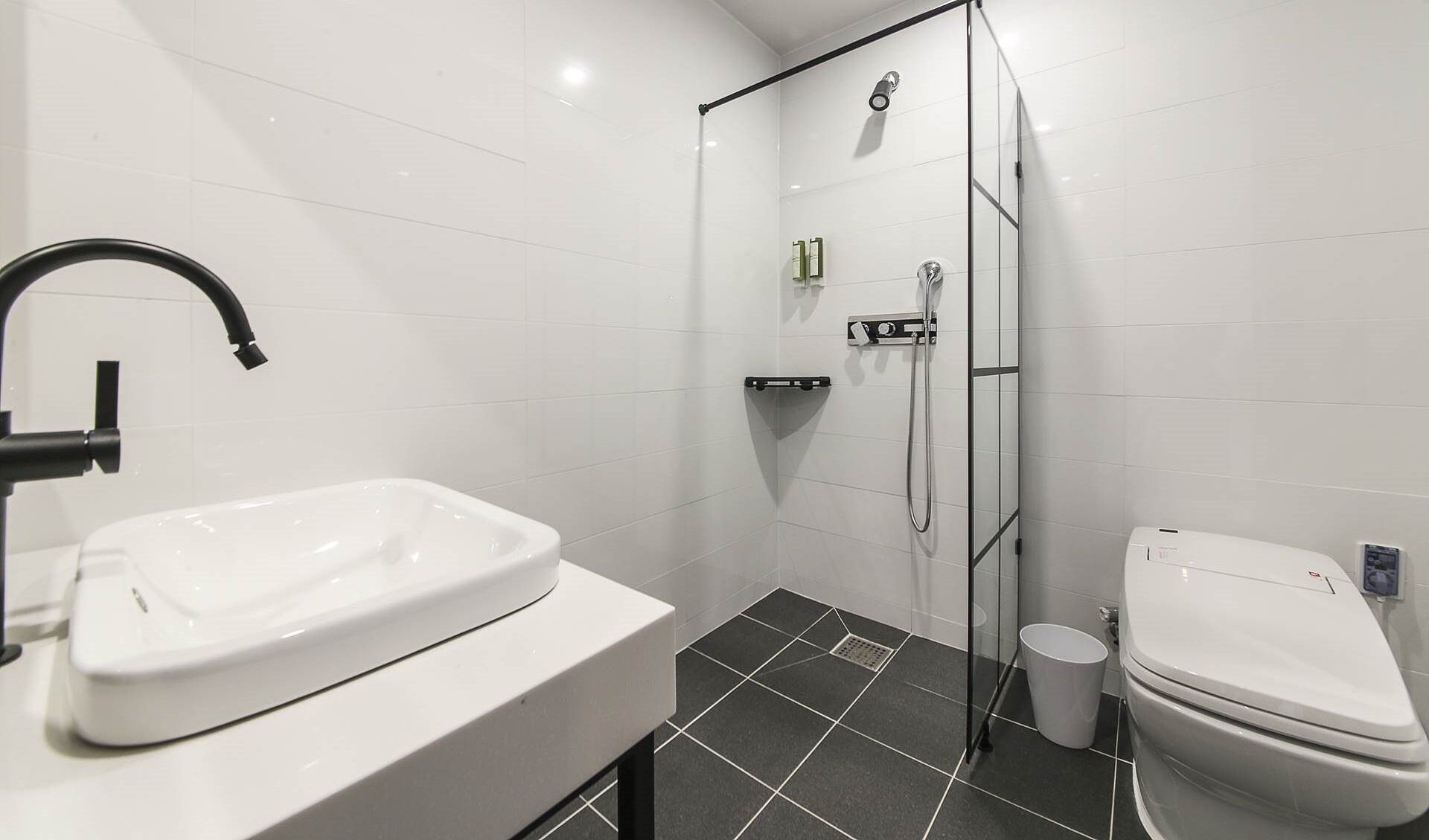 A modern bathroom with a white sink, a glass shower enclosure, and a toilet.