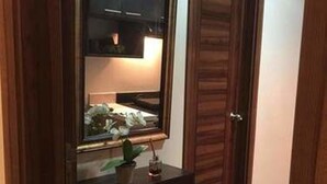 Un armario de madera con un espejo, una planta pequeña y una puerta con felpudo.