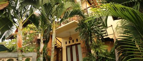 A two-story building with a balcony, surrounded by lush tropical plants.