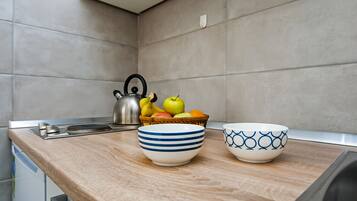 Perusstudio, 1 parisänky | Yksityinen keittonurkkaus | Jääkaappi, liesi, vedenkeitin, keittoastiat/astiat/ruokailuvälineet