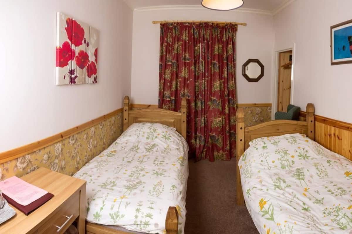 Quarto com duas camas de madeira, uma escrivaninha, uma cadeira, um espelho e um quadro na parede.