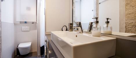 Un baño moderno con un lavamanos rectangular grande, un inodoro y un espejo.