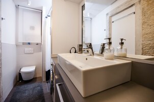 Un baño moderno con un lavamanos rectangular grande, un inodoro y un espejo.