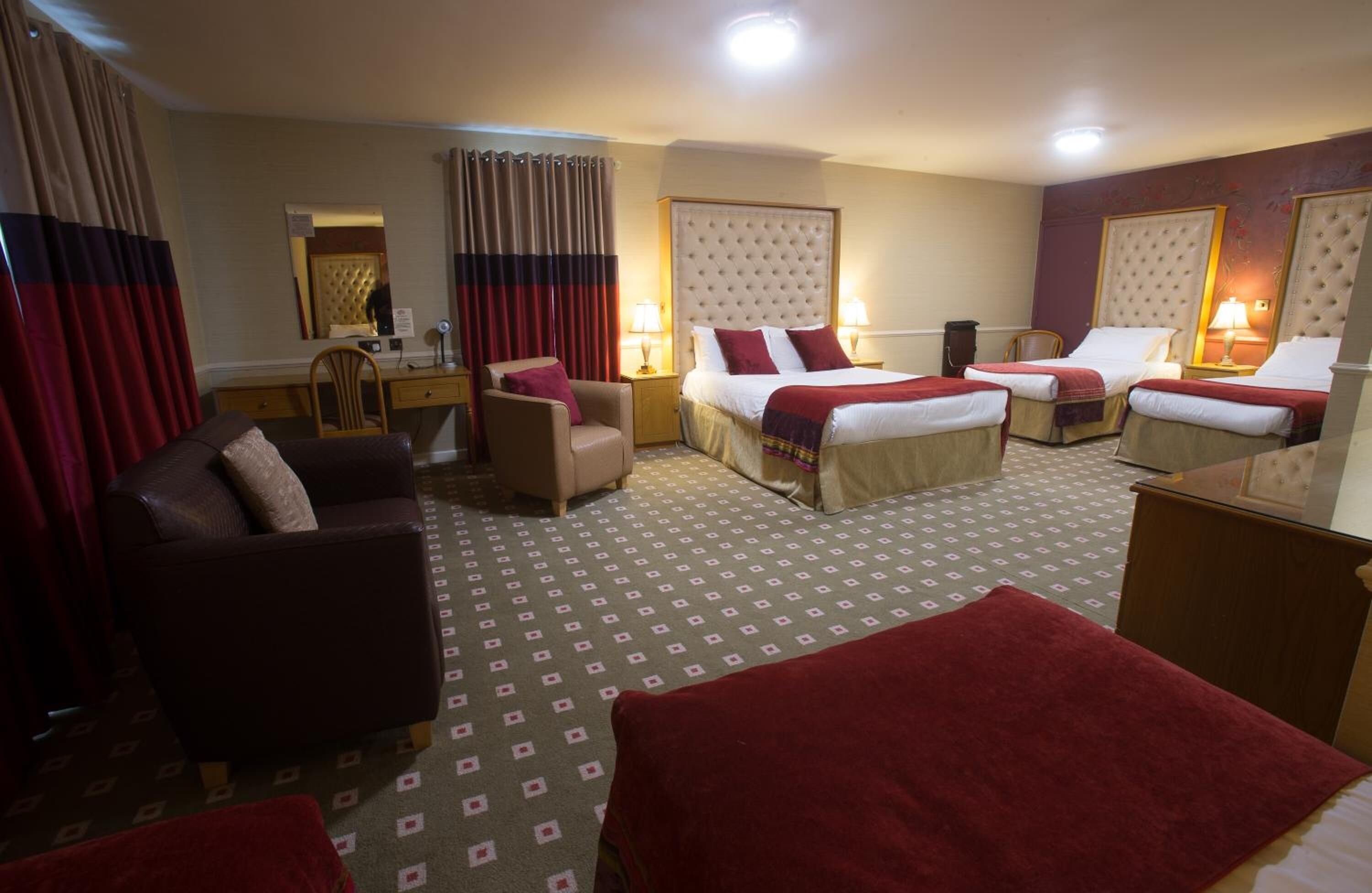 premium bedding, desk, blackout curtains, iron/ironing board