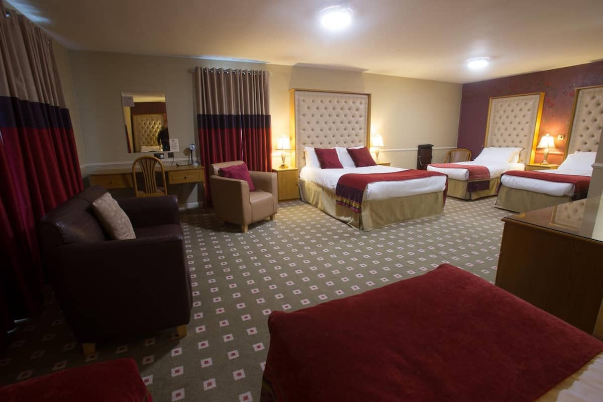 premium bedding, desk, blackout curtains, iron/ironing board