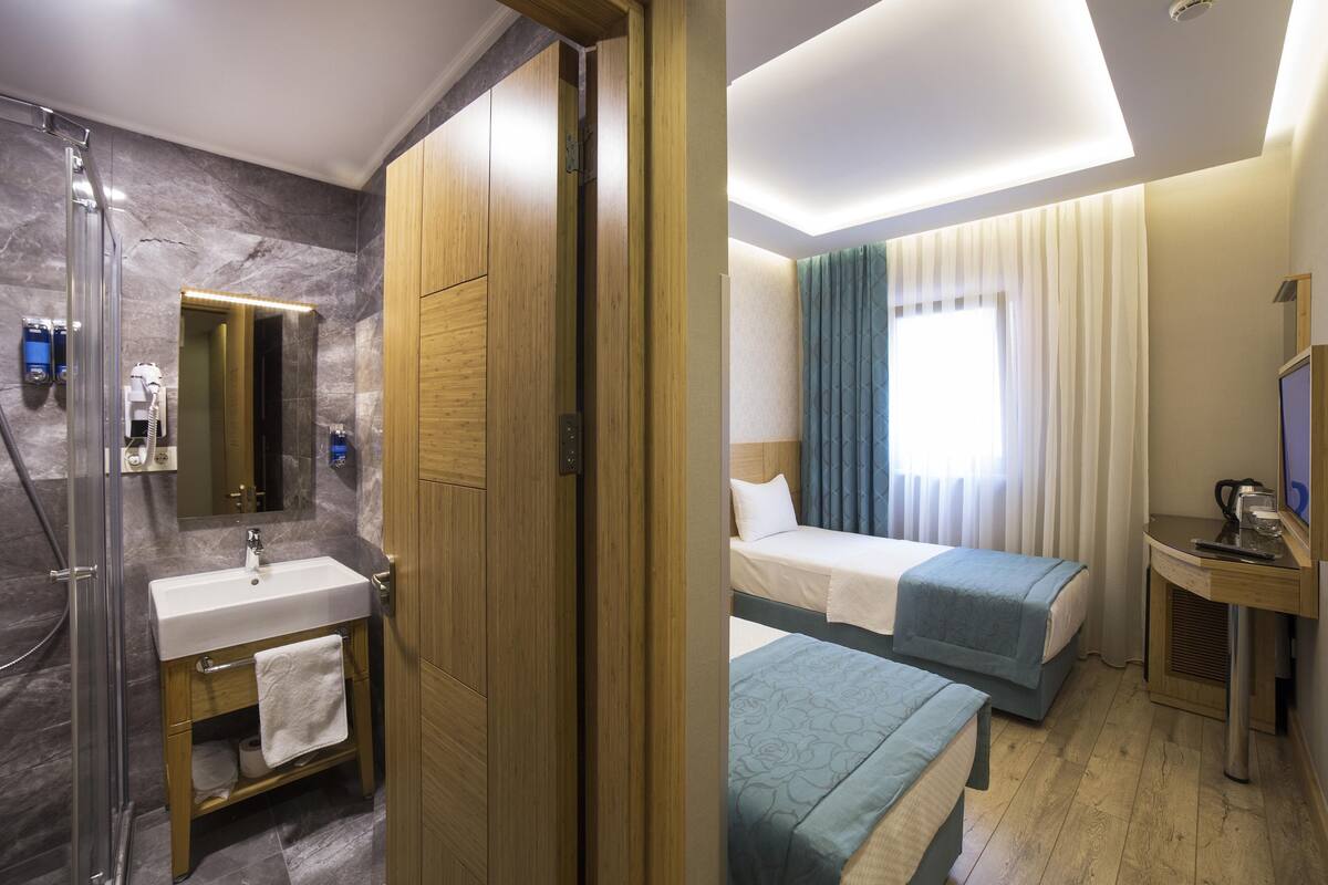 A hotel room with a shower, a sink, a mirror, a bed, a bedside table, and a TV.
