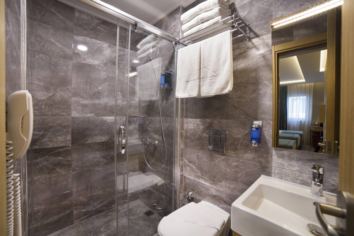 A modern bathroom with a glass-enclosed shower, a white sink, and a mirror reflecting a bedroom.