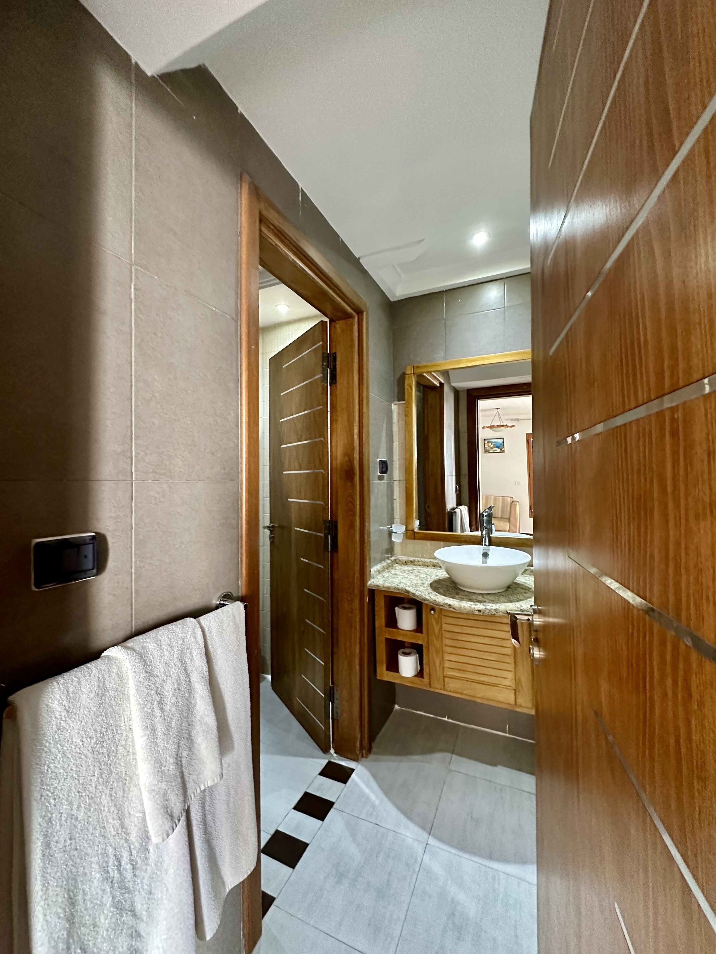 A modern bathroom with a wooden door, a white sink, and a mirror.