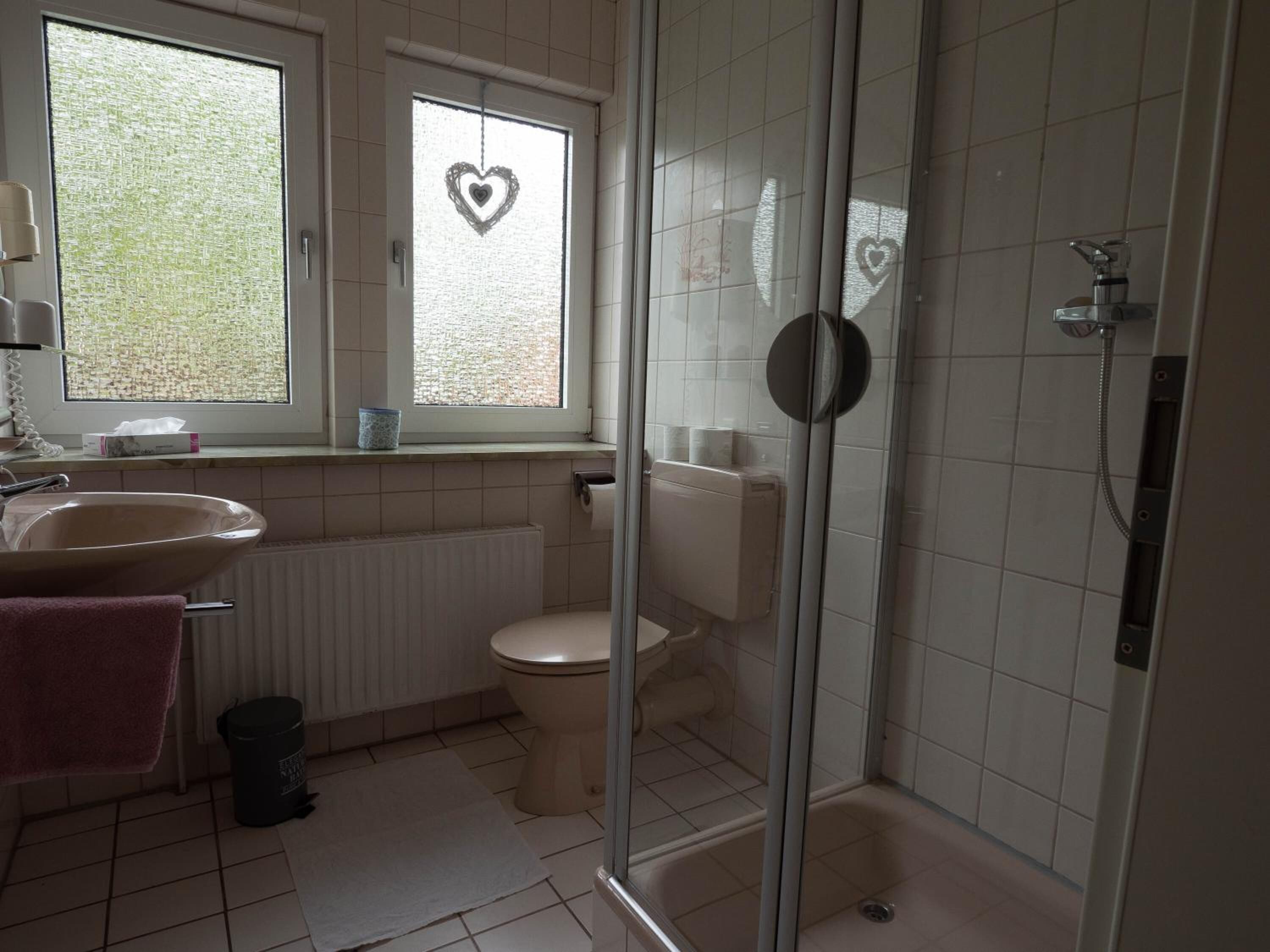 shower, free toiletries, hair dryer, towels