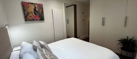 A bedroom with a bed, a radiator, a door, and a potted plant.