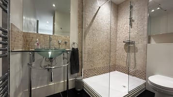 Combined shower/tub, hair dryer, towels, soap