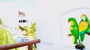 Un bâtiment blanc au design moderne, une piscine et deux sculptures de perroquets.