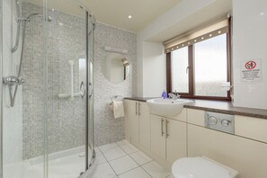 Combined shower/bathtub, hair dryer