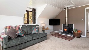 Una sala de estar con un sofá, chimenea, televisor y una ventana con cortinas.