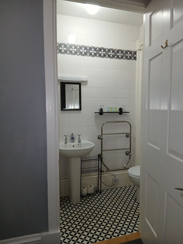 A bathroom with a white sink, a mirror, a toilet, and a shower area.