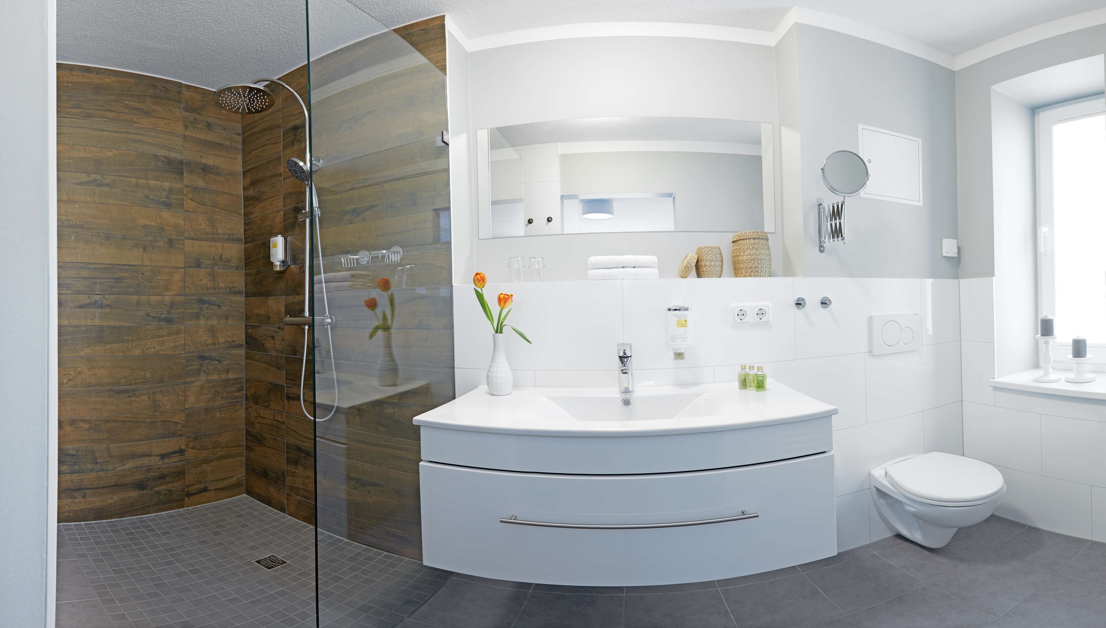 comfort studio | bathroom | shower, rainfall showerhead, hair dryer, bathrobes