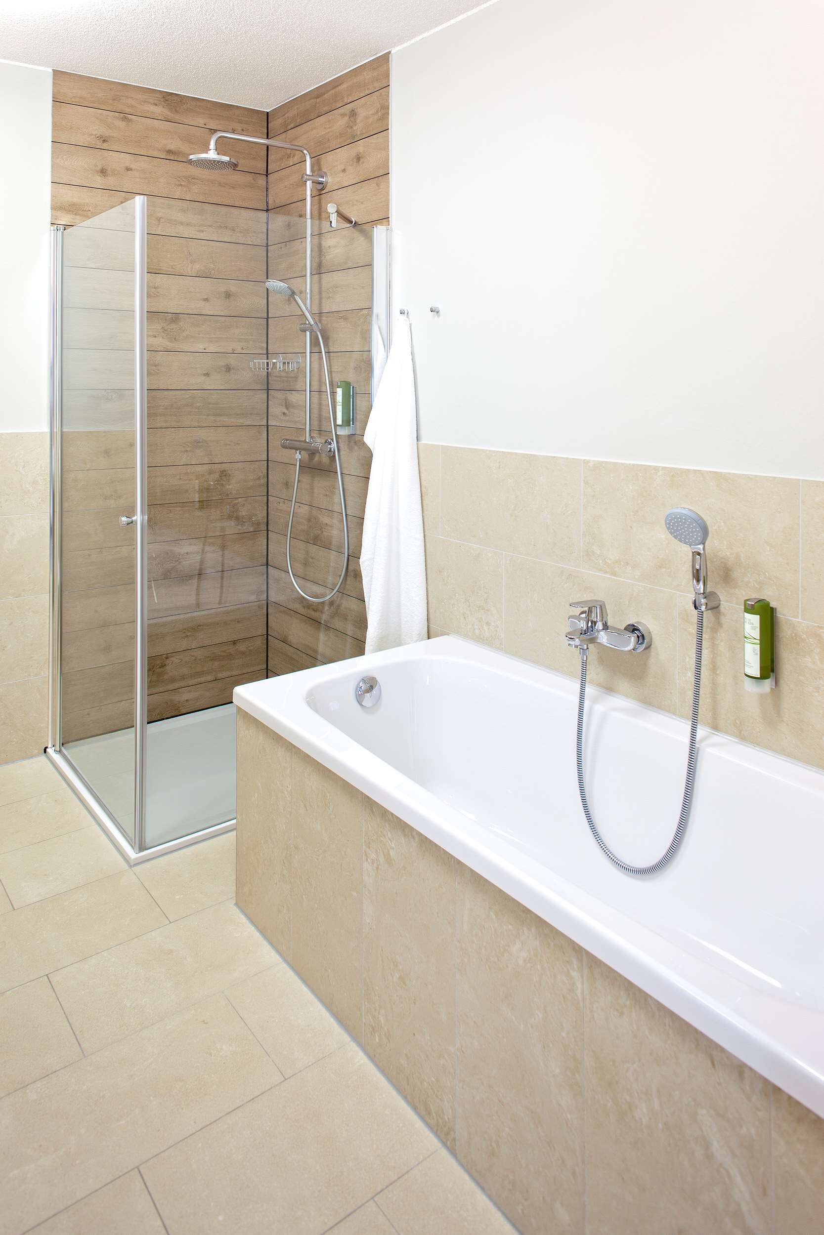 shower, rainfall showerhead, hair dryer, bathrobes