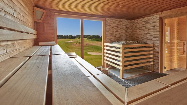 Una sala de sauna con bancos de madera, un banco en la sauna y vistas a un paisaje verde a través de amplias ventanas.