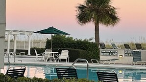 A pool area with lounge chairs and umbrellas, a palm tree, and a sign warning about shallow water. - Hilton Head Luxury Condo! Coligny, Dining, Family, Golf - Sleeps 10 
 STR#045066 (Hilton Head Island)