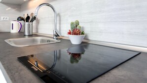 A modern kitchen with a stainless steel sink, a built-in dishwasher, and a potted cactus on the countertop. - Apartment and Studio Tereza (Rovinj)