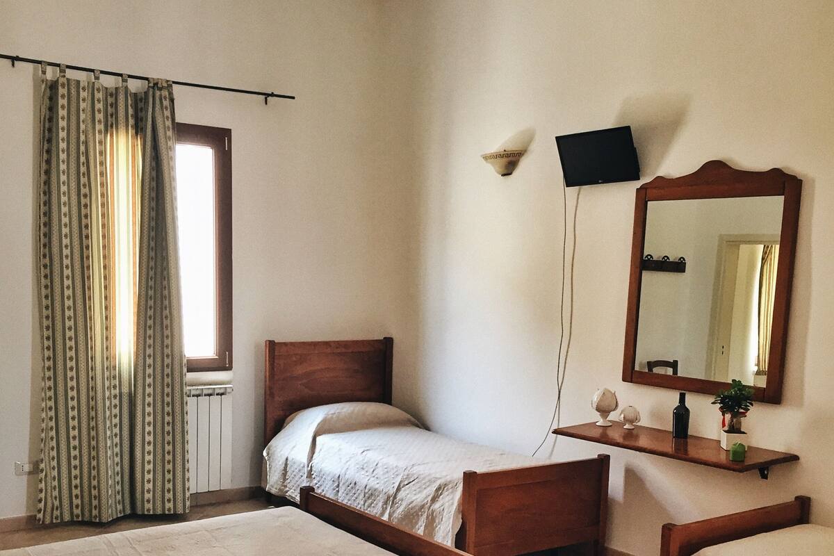 A bedroom with two single beds, a wooden headboard, a bedside table with a lamp, a mirror, and a window with curtains.