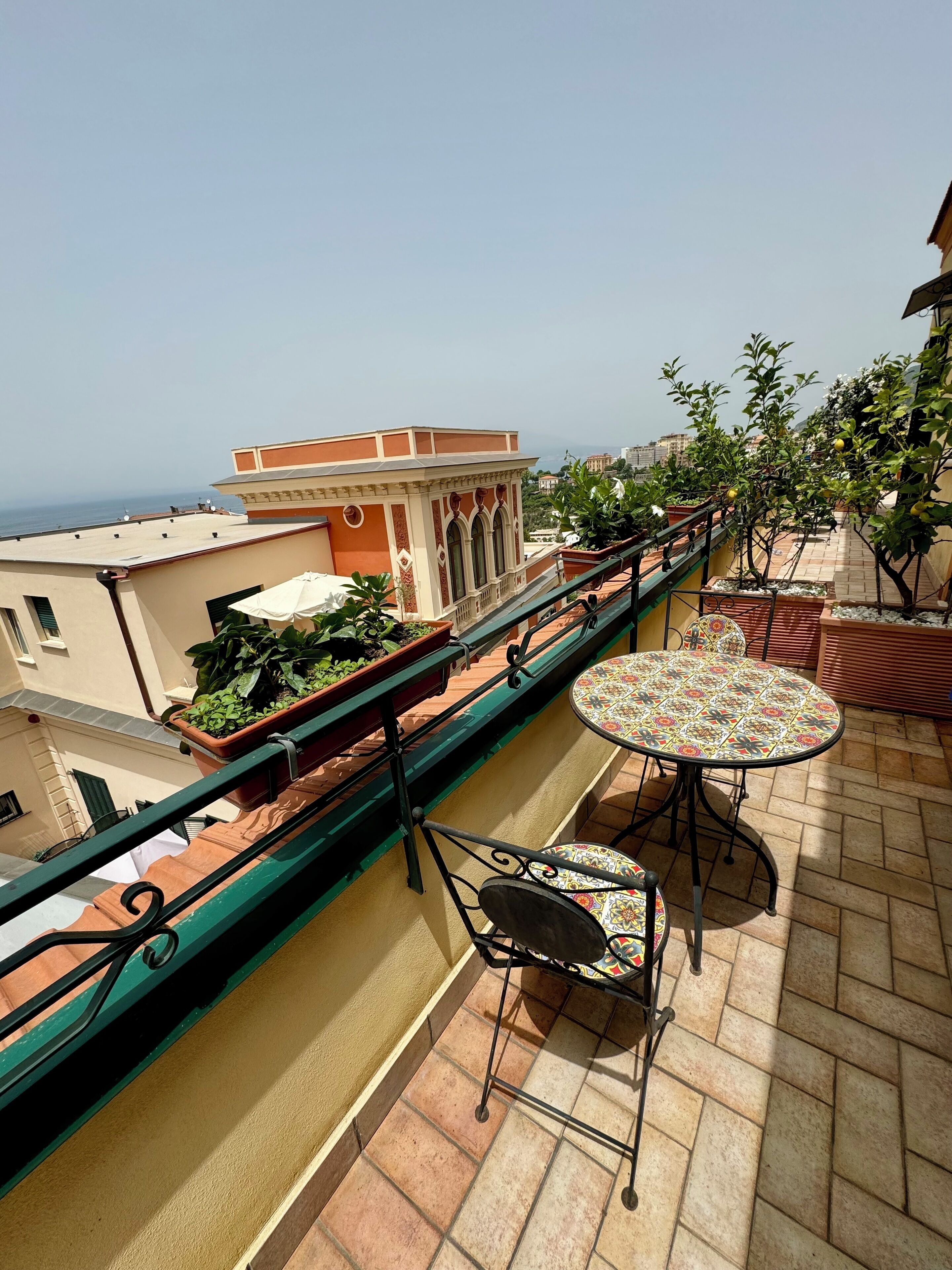 A rooftop terrace with a table and chairs, potted plants, and a view of the cityscape.