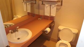 A bathroom with a sink, toilet, and towel rack.