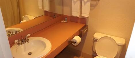 A bathroom with a sink, toilet, and towel rack.