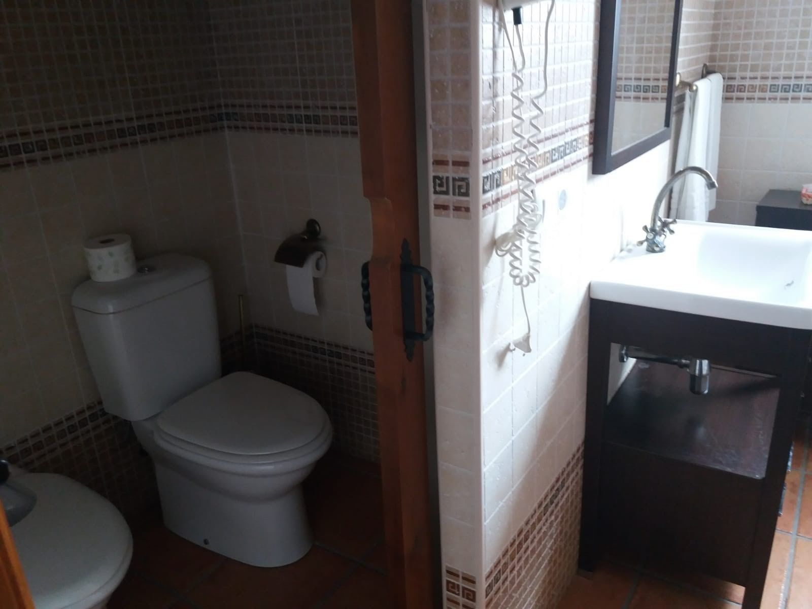 A bathroom with a toilet, a sink, and a mirror.