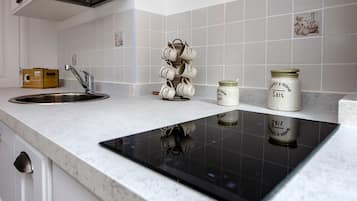 Apartamento básico | Cozinha americana privada | Geladeira, cooktop, chaleira elétrica