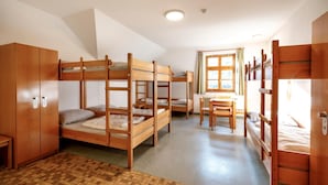 Une chambre de dortoir avec des lits superposés, un bureau et une fenêtre avec des rideaux.