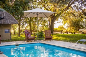 Outdoor pool, pool umbrellas, sun loungers