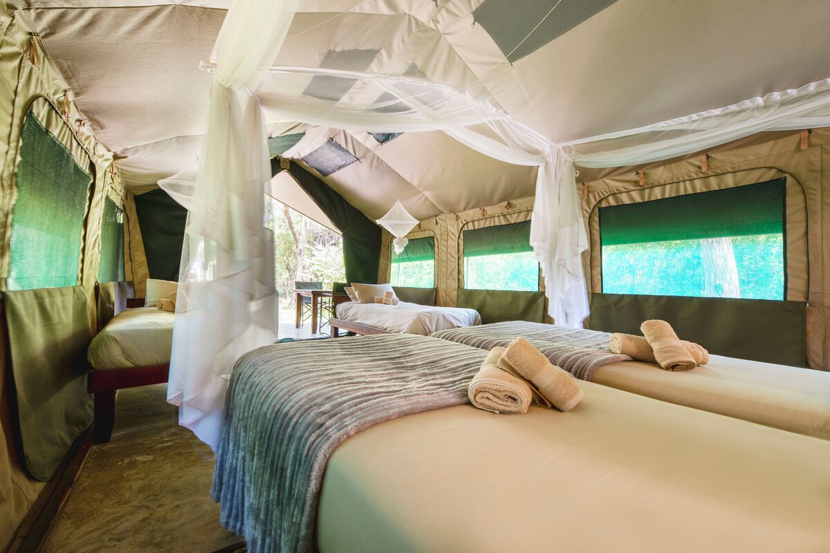 A tented accommodation with two beds, each with a canopy and pillows.