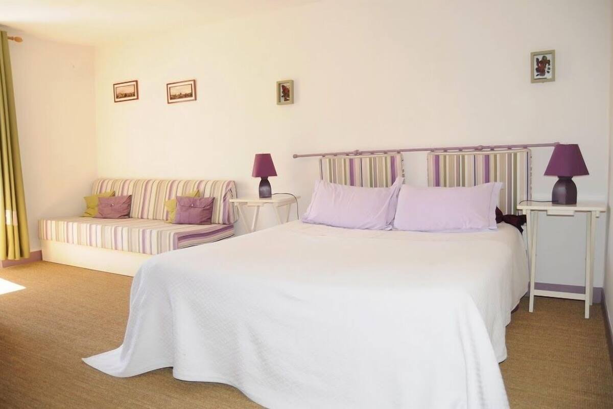 Une chambre à coucher avec un lit, un canapé, deux tables de chevet et une lampe.