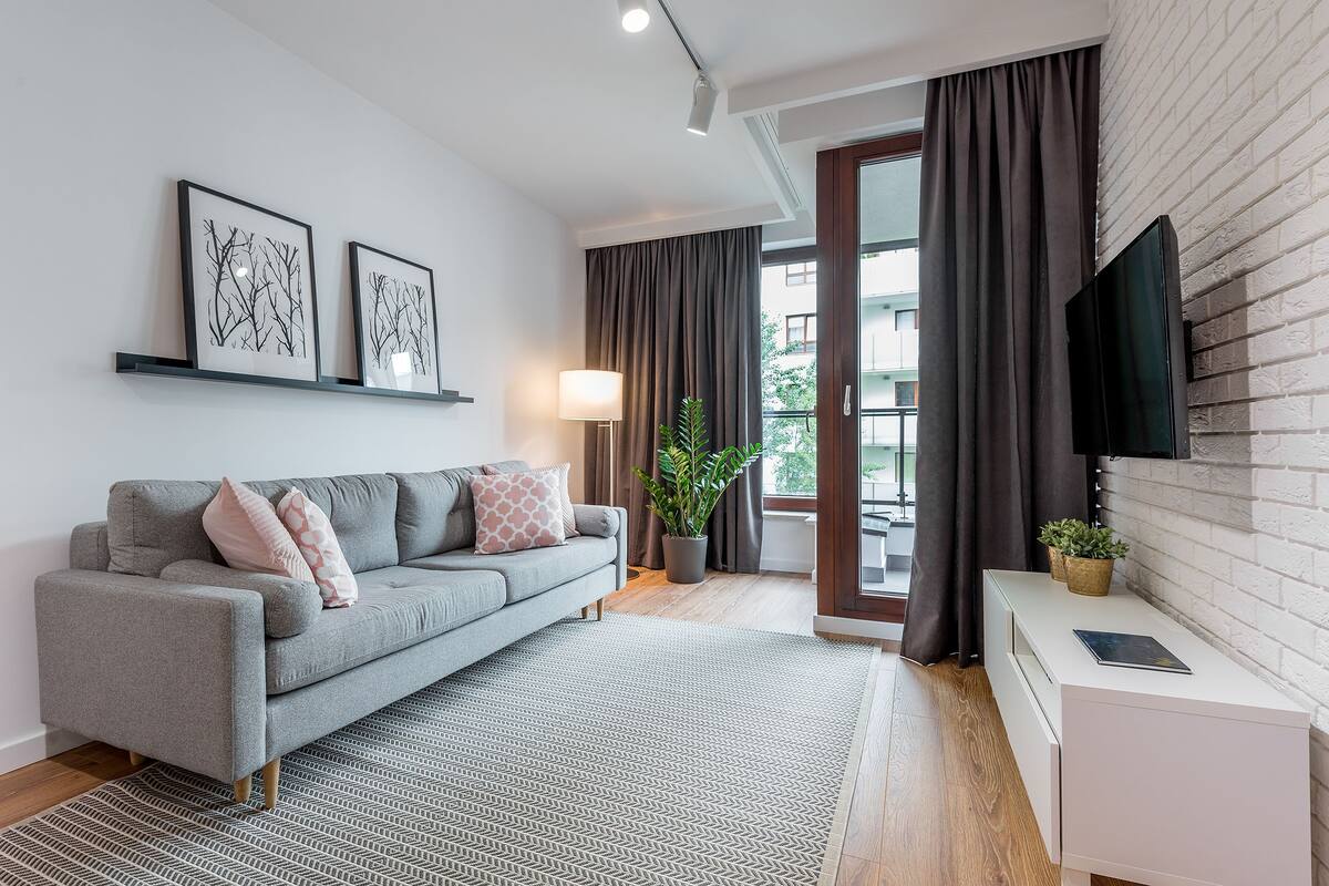 Un salon moderne avec un canapé gris, un tapis à motifs, un téléviseur à écran plat et une plante en pot.