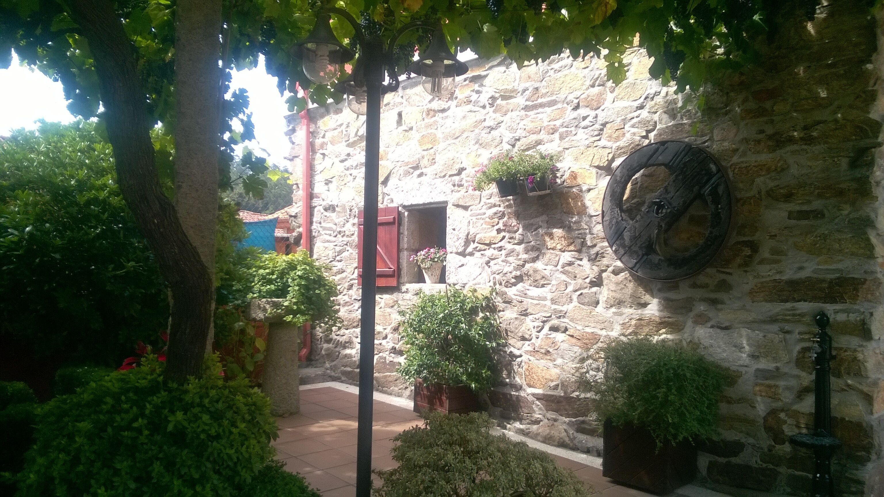 A stone building with a window, potted plants, and a hanging light fixture.