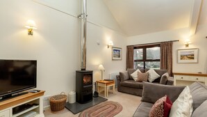 A cozy living room with a TV, fireplace, sofa, and a window with curtains.