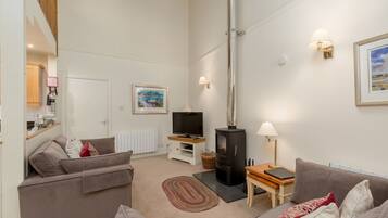 Een woonkamer met een bank, een televisie, een open haard en een lamp.