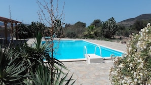 A swimming pool with a stone deck, surrounded by various plants and trees. - Spacious luxury villa with private swimming pool (Villaperuccio)
