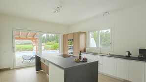A modern kitchen with a central island, built-in appliances, and large windows offering views of greenery. - Spacious luxury villa with private swimming pool (Villaperuccio)