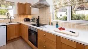 A kitchen with wooden cabinets, a built-in oven, a stovetop, and a window with a view of houses.