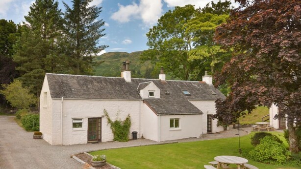 A white cottage with a sloped roof, a small garden with a wooden table and benches, and a gravel driveway.