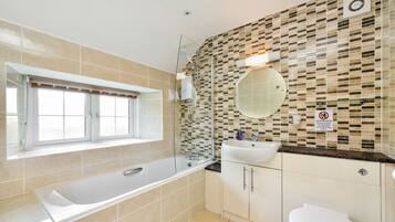 Combined shower/bathtub, hair dryer