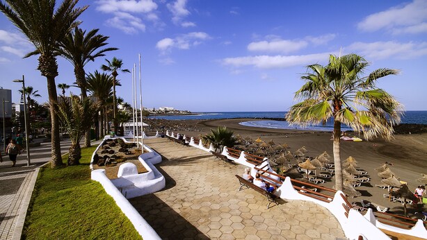 A beachside promenade with palm trees, benches, and umbrellas. - 150 m from the sandy beach, fantastic sunsets, WiFi, satellite TV, swimming pools (Costa Adeje)