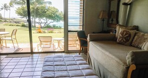 A day bed and extra bed in a room with a view of the ocean.