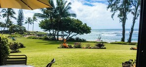 A patio with a view of the ocean, a lawn, and a chair.